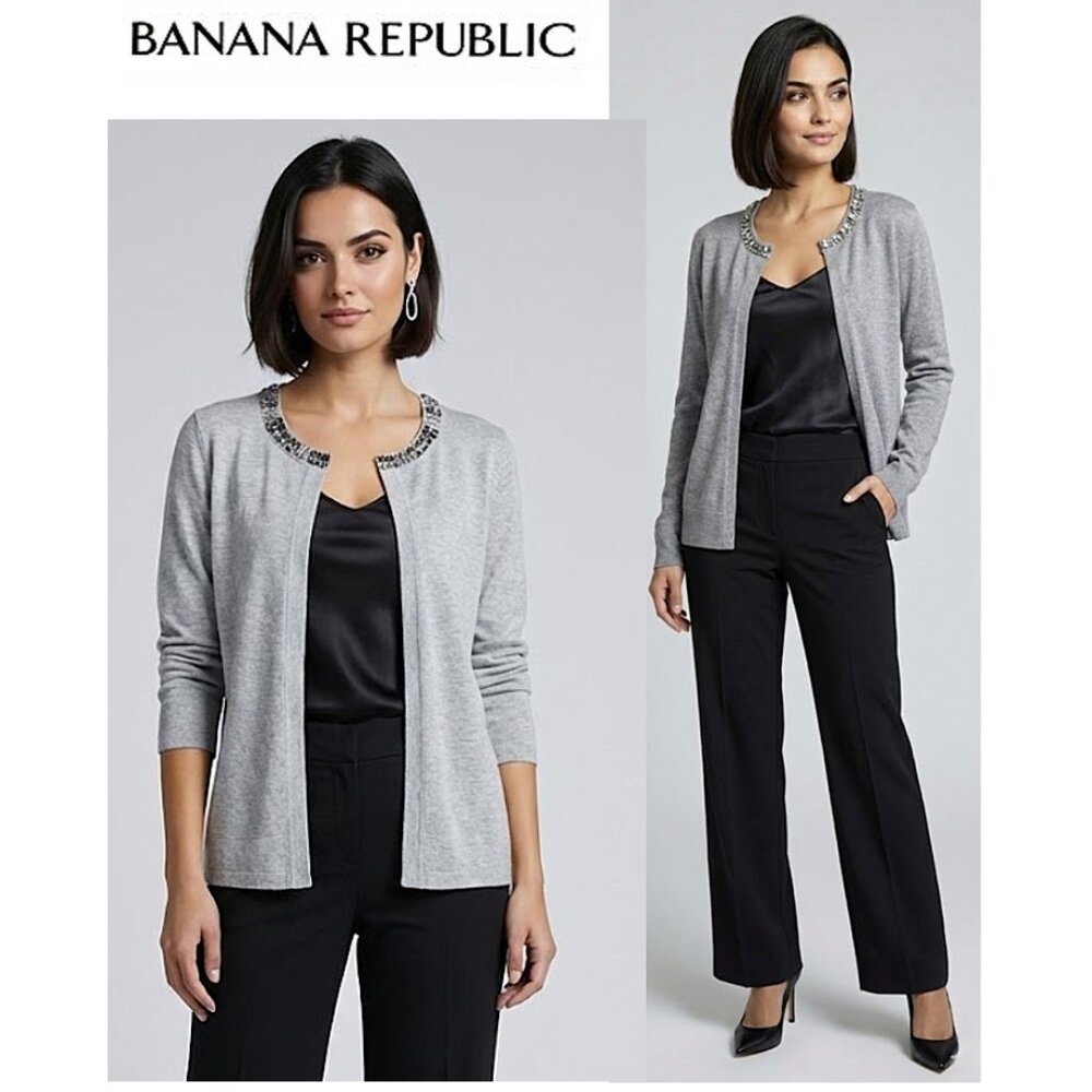 (3 for $30) BANANA REPUBLIC  - Light gray wool blend cardigan with gem details